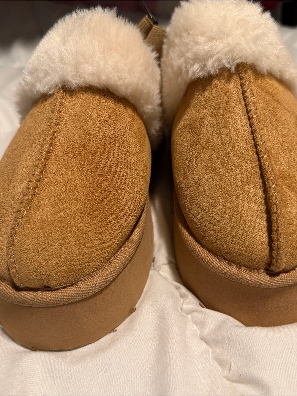 Tan Suede Platform Slippers with Cream Faux Fur Trim